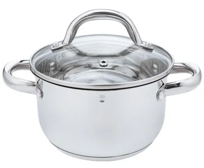 A stainless steel cooking pot with a glass lid and handles, shown against a white background.