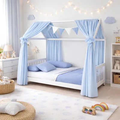 Produktbild von Baby-Delux Hausbett Himmel Musselin Betthimmel 2-er Set für Hausbett Kinderbett Baumwolle 160x300 cm Blau