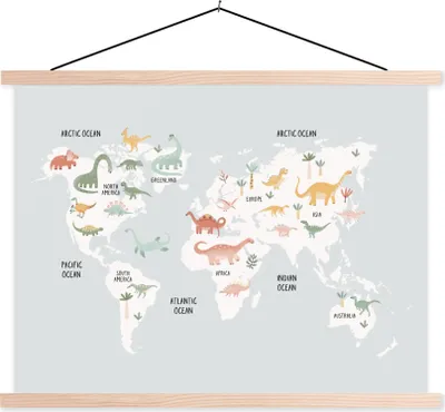Produktbild von MuchoWow® Textilposter Kinderzimmer - Weltkarte - Dinosaurier 40x30 cm mit holzfarbenen Rahmen - Bilder