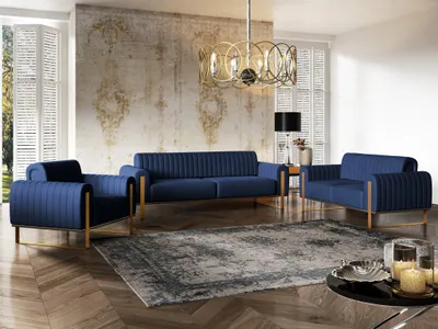 Produktbild von Sofaset Designersofas VALERIE 3-2-1 in Stoff Elisa Velvet Dunkelblau