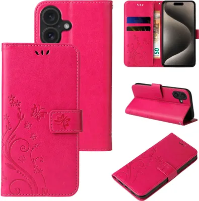 Produktbild von Handyhülle für Apple iPhone 17 Floral Blumen Schmetterling Flip Cover Hülle Case Klapphülle Handytasche Farbe: Pink