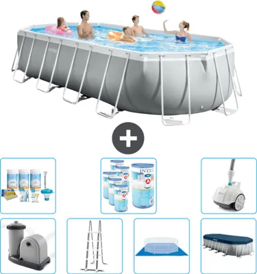 Imagen del producto de Piscina Intex Oval Prism Frame – 610 x 305 x 122 cm – Gris – Incluye bomba, escalera, liner, cubierta y kit de mantenimiento: filtro y aspirador