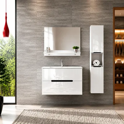 Produktbild von Faizee Home Badmöbelset Aliyah 90 cm Schwarz Weiß inkl. Waschbecken, Spiegel & Regal