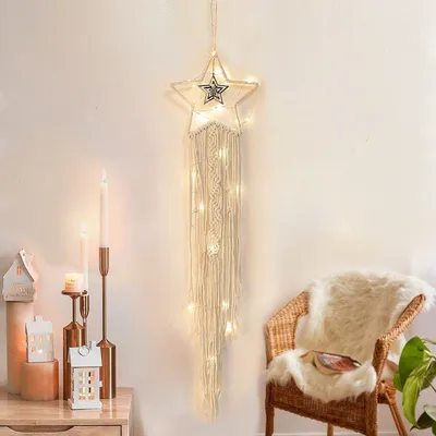 Produktbild von Makramee Traumfänger mit LED, Hängedekoration , Schlafzimmer Kinderzimmer Dekoration, H0198 Stern