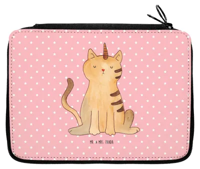 Produktbild von Mr. & Mrs. Panda Etui Einhorn Katze - Rot Pastell - Geschenk, Unicorn, Regenbogen, Glitzer, Bleistiftetui, Federmappe, Stifteetui, Mieze, Federtasche, Federmäppchen