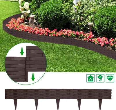 Obrázok produktu pre LZQ Ratanový vzhľad Ohraničenie trávnika Ohraničenie postele 10 m 10 kusov Ohraničenie postele Záhradná palisáda Kosiace hrany Palisády Záhradný plot hnedý