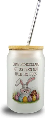Produktbild von Fröhlicher Hase mit Ostereiern Trinkglas mit Bambusdeckel - Ostern ohne