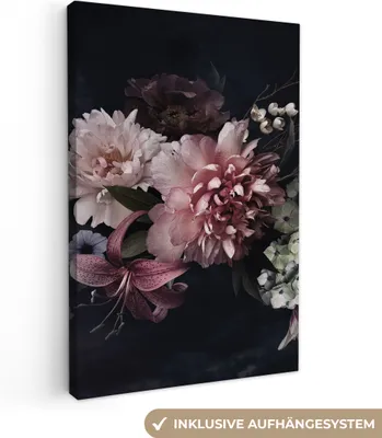 Produktbild von MuchoWow® - Leinwandbilder - Blumen - Vintage - Pastell - Schwarz - Blumenstrauß, Wandbild, Wanddeko Bilder Wohnzimmer, 80x120 cm