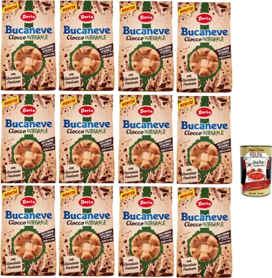 Produktbild von Doria Bucaneve Ciocco Integrale, Kekse Vollkornkekse mit Vollkornmehl und Dunkler Schokolade, 12x 300g Beutel + Italian Gourmet Polpa di Pomodoro 400g Dose