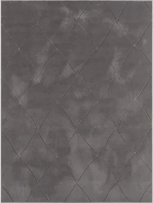 A close-up view of a gray rug with a diamond pattern.