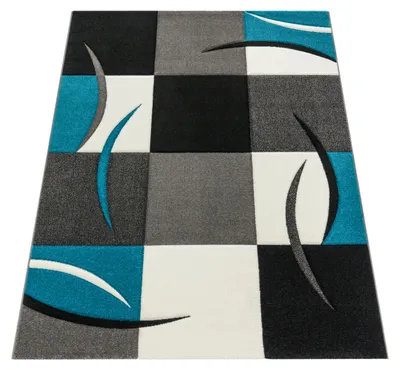 Produktbild von Designer Teppich mit Konturenschnitt Karo Muster Türkis Grau Grösse 200x290 cm