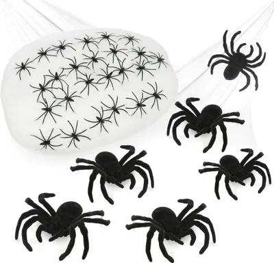 Obrázok produktu pre com-four® 26-dielna dekoratívna sada na Halloween – 500 g rozťahovateľnej pavúčej siete s 25 čiernymi pavúkmi – strašidelná biela pavučina ako dekorácia na Halloween, karneval, hororové alebo tematické párty