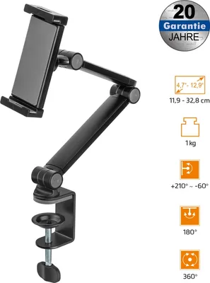 Produktbild von Tablet Tischhalterung 360° verstellbar | Halterung für 4,7 - 12,9 Zoll Tablets | schwenkbar drehbar neigbar | mit schonender Klemme | Selbstklemmende