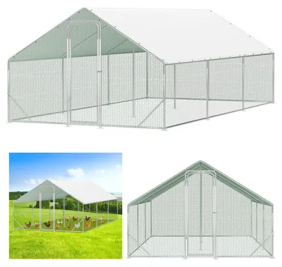 Image de Enclos de prairie pour poules Peviasot, dimensions 3 x 6 x 2 mètres, surface de 18 m², toit en pente, structure en acier galvanisé de 25 mm, grillages en plastique vert et bâche de protection en PE blanc