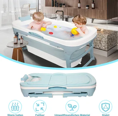 Produktbild von Fiqops Faltbare Badewanne , für Badezimmer, Dusche und Balkon, Mit Abdeckung & Massagerollen, dicker Kunststoff tragbare Wanne Blau 116 x 60 x 50 cm