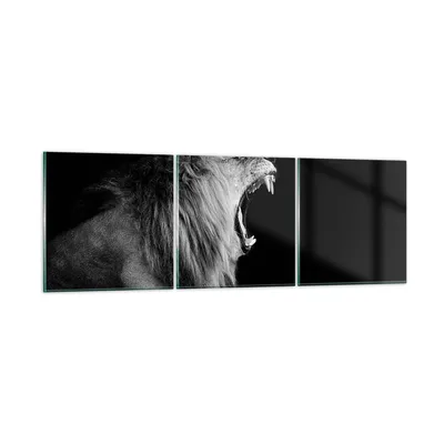 Produktbild von Bilder auf glas - 3 Teile - Löwe Gähnen Schwarz und Weiß - 120x40cm - Glasbilder - Wandbilder - Bilder - Wanddekoration aus Glas - Glas Bilder - Wandbild auf Glas - GCA120x40-4252