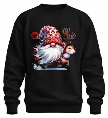 Productafbeelding van Kerstman met rendier, grappige kerstcartoon, elf/kabouter, uni sweatshirt, zwart, maat S