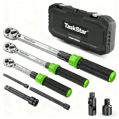 Produktbild von Drehmomentschlüssel-Set - Klickmodell - 8-teilig - 0,64/0,95/1,27 cm Antrieb - 5–25/10–60/40–210 Nm - ±3 % Genauigkeit - Auto, Motorrad, Fahrrad