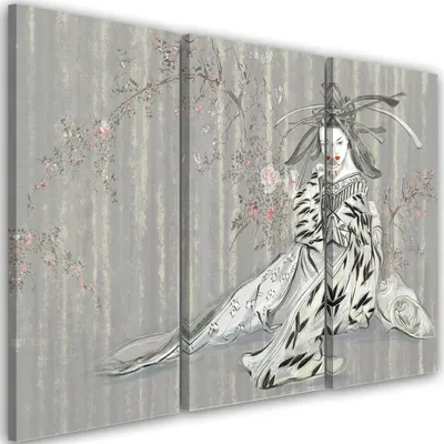 Produktbild von Triptychon auf leinwand traditionelle japanische geisha 60x40 cm Feeby grau wandbild bereit zum aufhängen