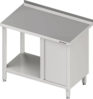 Produktbild von Arbeitstisch mit Grundboden, 800x700x850 mm, mit Flügeltürschrank rechts, mit Aufkantung, verschweißt