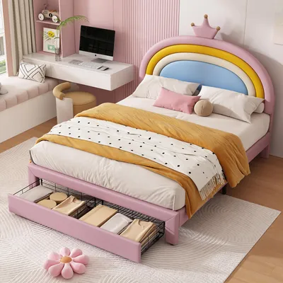 Produktbild von Kinder-Polsterbett 140 x 200 cm, Bett mit zwei Schubladen, rosa PolyurethanBezug und höhenverstellbarem Regenbogen-Kronen-Kopfteil