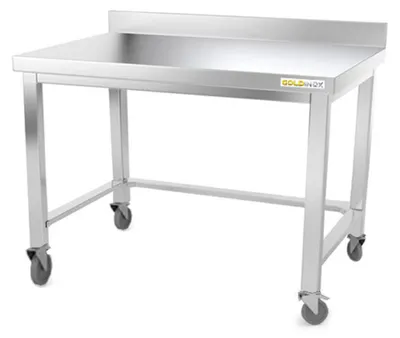 Immagine prodotto di Tavolo da lavoro in acciaio inossidabile, base da 1000 x 600 mm, con supporto posteriore e rinforzi, montato su ruote, PREMIUM - GOLDINOX
