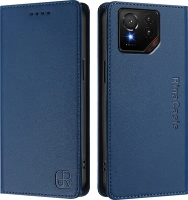 A blue flip wallet phone case for an Asus ROG Phone 9 / 9 Pro, shown from the front and back.