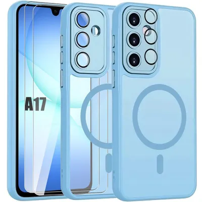 Image de Coque + 2 Verres Trempés pour Samsung Galaxy A17 4G/5G, avec Anneau Magnétique et Protection Caméra - Bleu