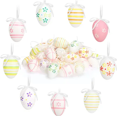 Produktbild von com-four® 36x handbemalte Ostereier zum Aufhängen - pastellfarbene Osterdeko mit tollen Mustern - Deko Ostereier mit Schnur zum Aufhängen - Größe: 6 cm
