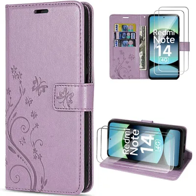 Image de Coque + 2 Verres Trempés pour Xiaomi Redmi Note 14 4G, Protection Effet Cuir Violet Motif Plante Papillon