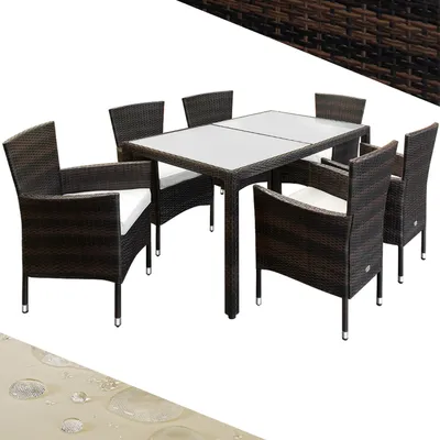 Image de Salon de jardin en polyrotin brun crème Ensemble table et chaises avec coussins Ensemble de jardin 6 personnes