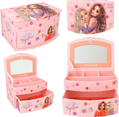 Produktbild von Depesche Schmuckkästchen Rosa One Size, aus Pappe, mit Spiegel im Deckel, unterteiltem Hauptfach, Schublade mit Strass-Knopf und 4 kleinen Fächern, Happy Together, für Kinder ab 6 Jahren, Smiley-Kleckse und Freundinnen-Modell-Motive
