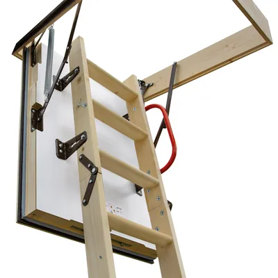 A wooden attic ladder is shown partially deployed, attached to a white attic hatch.