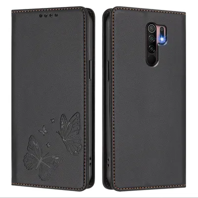 Produktbild von Lederhülle für Xiaomi Redmi 9, Schmetterling Prägung Leder Brieftasche Schutzhülle mit Ständer Schwarz