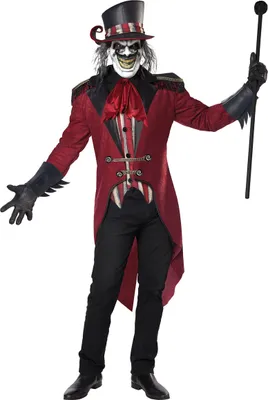 A person wearing a deluxe scary ringmaster costume.
