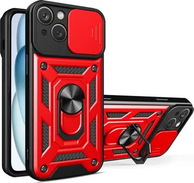 Produktbild von iPhone 15 Hülle mit Magnetische Ring Ständer Halter Dia Kameraschutz TPU Bumper Silikon Schutzhülle für iPhone 15 Rot