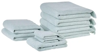 Produktbild von BELIANI Handtuch-Set mit Badematte Grün Baumwolle und Polyester 9-teilig mit Fransen Modern Saugfähig Schnelltrocknend Ringgesponnen für Badezimmer