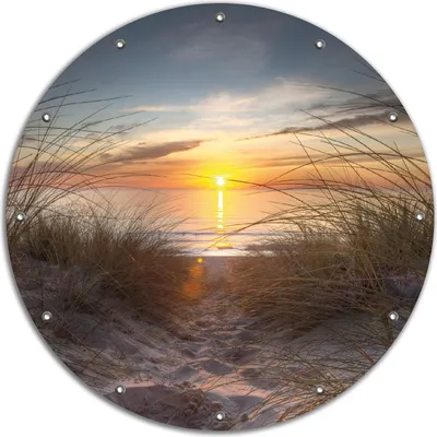 Produktbild von Wallario rundes Outdoor-Poster für Garten oder Balkon, Motiv Sonnenuntergang am Strand, 90 cm Durchmesser