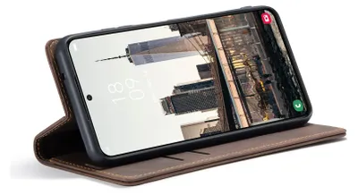A brown flip case for a Samsung Galaxy S21 FE phone, shown at an angle on a white background.