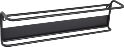 A black metal wall-mounted shelf, appearing empty.