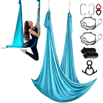 Productafbeelding van VEVOR Aerial Yoga Hangmat Set, 10 x 2,8 meter, Blauw. Aerial Yoga Sling voor luchtacrobatiek, binnentoepassing. Hangmat voor aerial yoga met een maximale draagkracht van 1000 kg, inclusief yogasokken, stalen karabiners en een aluminium draaipunt