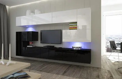 Produktbild von Furnitech Wohnwand Wohnzimmer - Wohnzimmer Möbel mit LED Weiß - Hängend Wohnwand Modern - Wohnzimmer Schrankwand mit Regale und TV Schrank (Albania AN3-17BW-HG23 1A)