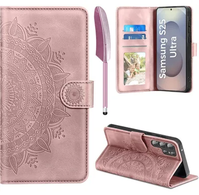 Obrázek produktu pro Obal na mobil Samsung Galaxy S25 Ultra, typu flipové pouzdro, z umělé kůže, růžové barvy, s kapsou na karty, magnetickým zapínáním a funkcí stojánku