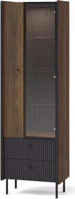 Produktbild von BETTSO Glasvitrine Vitrine mit geriffelten Schubladen PRESTIGO 59 x 190 cm Schwarz + Nussbaum