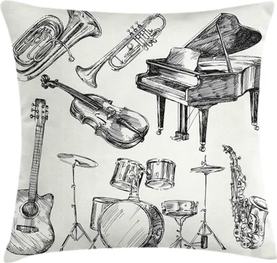 Produktbild von ABAKUHAUS Jazz Musik Kissenbezug, Sammlung Von Musikinstrumenten Sketch Style Art Mit Trompete Klavier Gitarre, 45 x 45 cm, Schwarz Beige