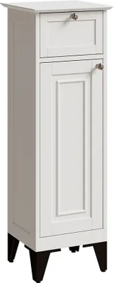 A white bathroom cabinet with a drawer and a door, standing on dark legs.