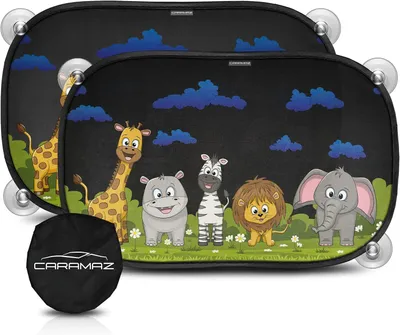 Produktbild von CARAMAZ Sonnenschutz Auto Baby mit UV Schutz 48x30cm - 2 Stück mit Saugnäpfen - Sonnenblende Kinder - Fenster Motiv: Blau-Tiere