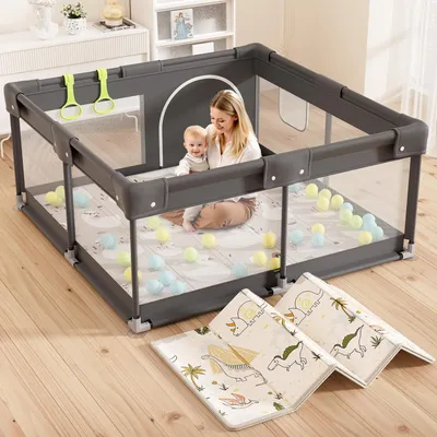 Produktbild von Laufgitter 120 x 120 cm mit Matte, Kinderlaufgitter, kleines Laufgitter mit Gittern, Laufgitter aus Oxford-Gewebe, Laufgitter für die Wohnung, dunkelgrau, Metall, Polyester, Polyvinylchlorid, 120 cm, 120 cm