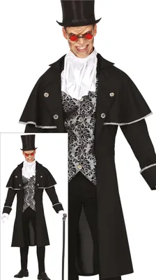 Produktbild von Vampir Halloween Kostüm Elegant Mystisch Jacke Weste Hut, Größe: 52 - 54 (L) Farbe: Schwarz