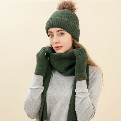 Obrázek produktu pro Zimní teplá pletená šála, čepice a rukavice, měkká strečová čepice s měkkými Pom Poms, šála a rukavice pro muže a ženy, armádní zelená